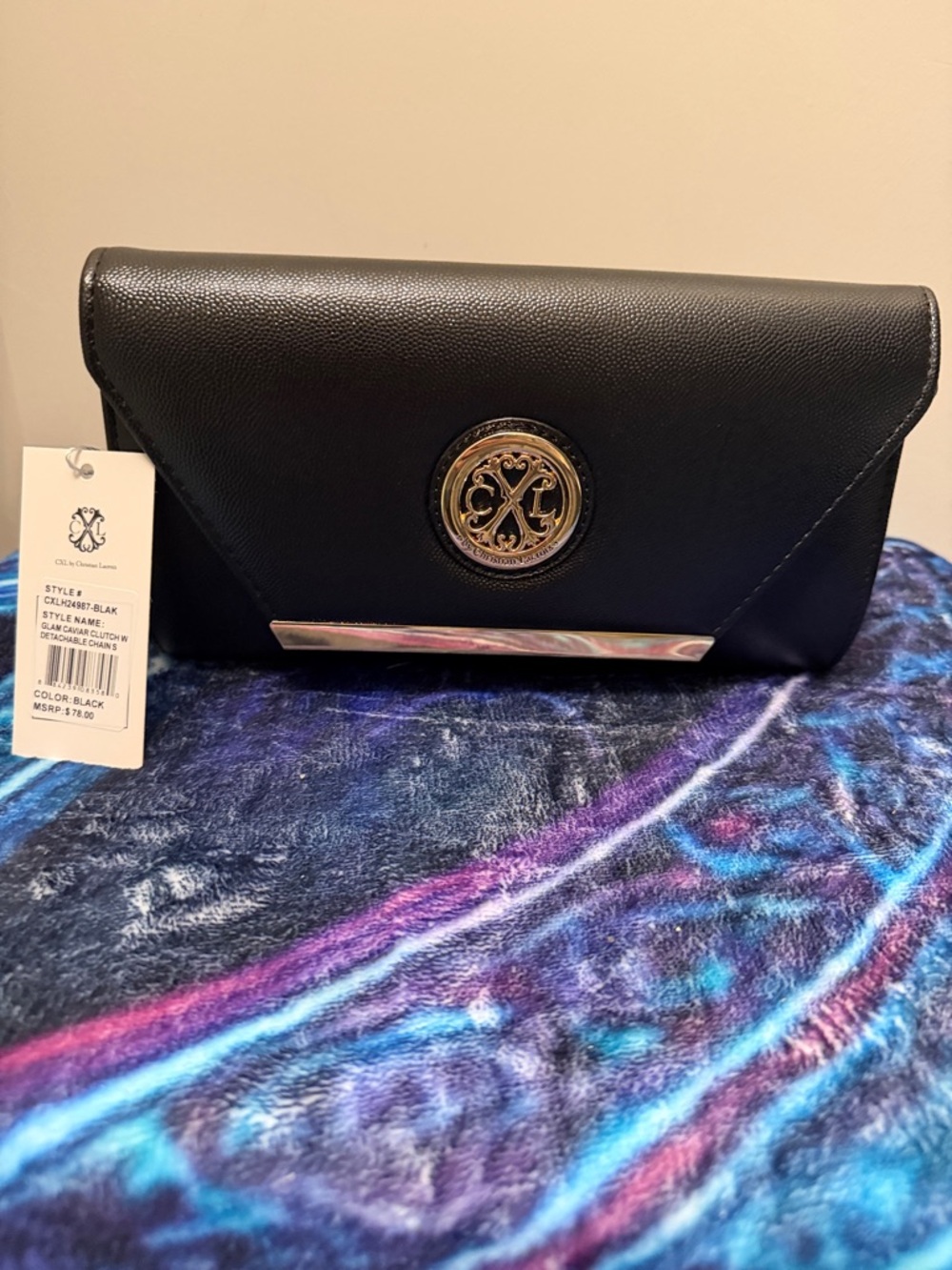 Christian Lacroix Black Women's Envelope Clutch with Gold Emblem